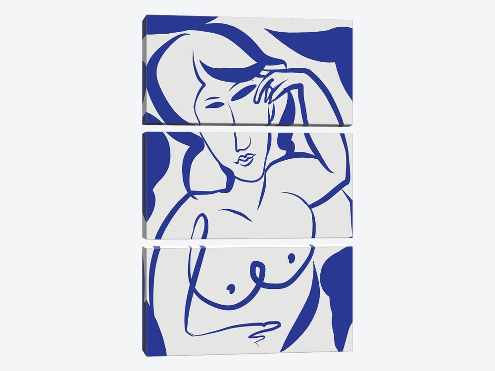 Line Art Nude Sketch In Blue by Little Dean 3-piece Canvas Artwork