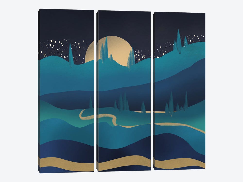 Mountain Road Under The Moonlight by Little Dean 3-piece Canvas Wall Art