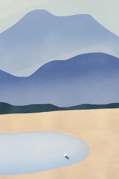 Tiny Seagull Against Mountains by Little Dean art print