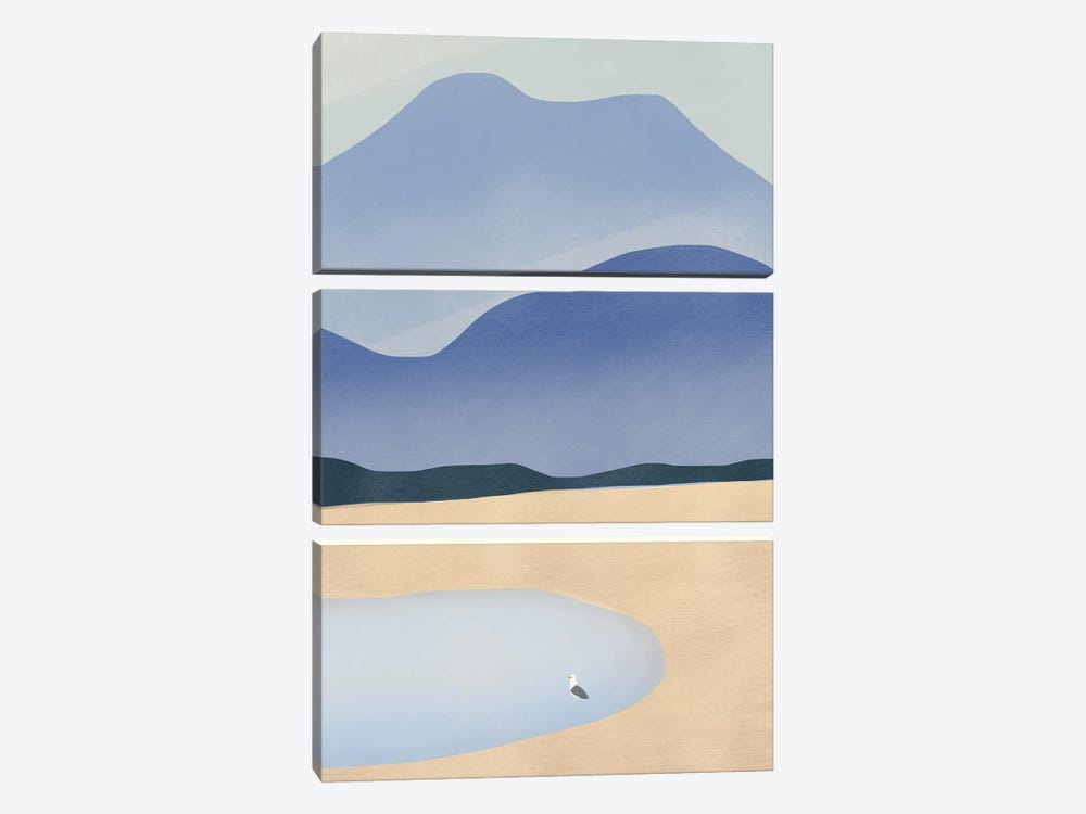 Tiny Seagull Against Mountains by Little Dean 3-piece Canvas Print