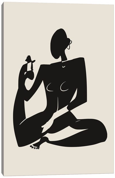 Yoga Stretch Figure In Black Canvas Art Print - Black & Beige Art