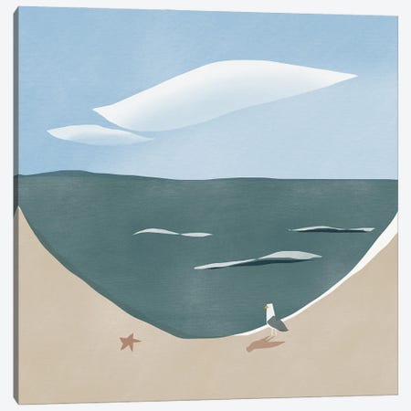 Beach Curve And Seagull Canvas Print #LED30} by Little Dean Canvas Art Print