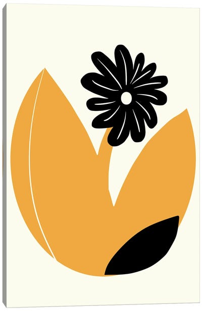 Black Daisy Flower Canvas Art Print - Black, White & Yellow Art