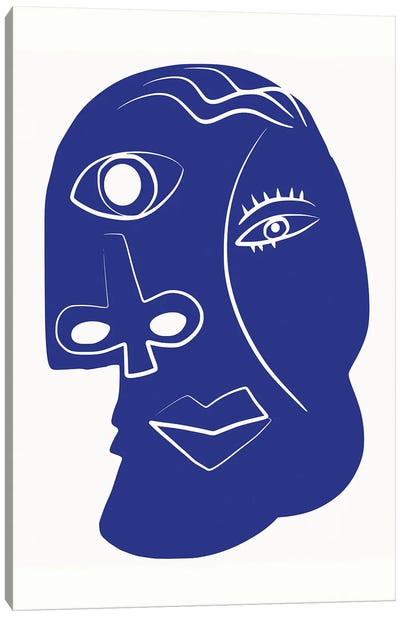 Blue Mood Portrait Canvas Art Print - Cubist Visage