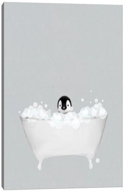Penguin Blue Bath Canvas Art Print - Bathroom Humor Art