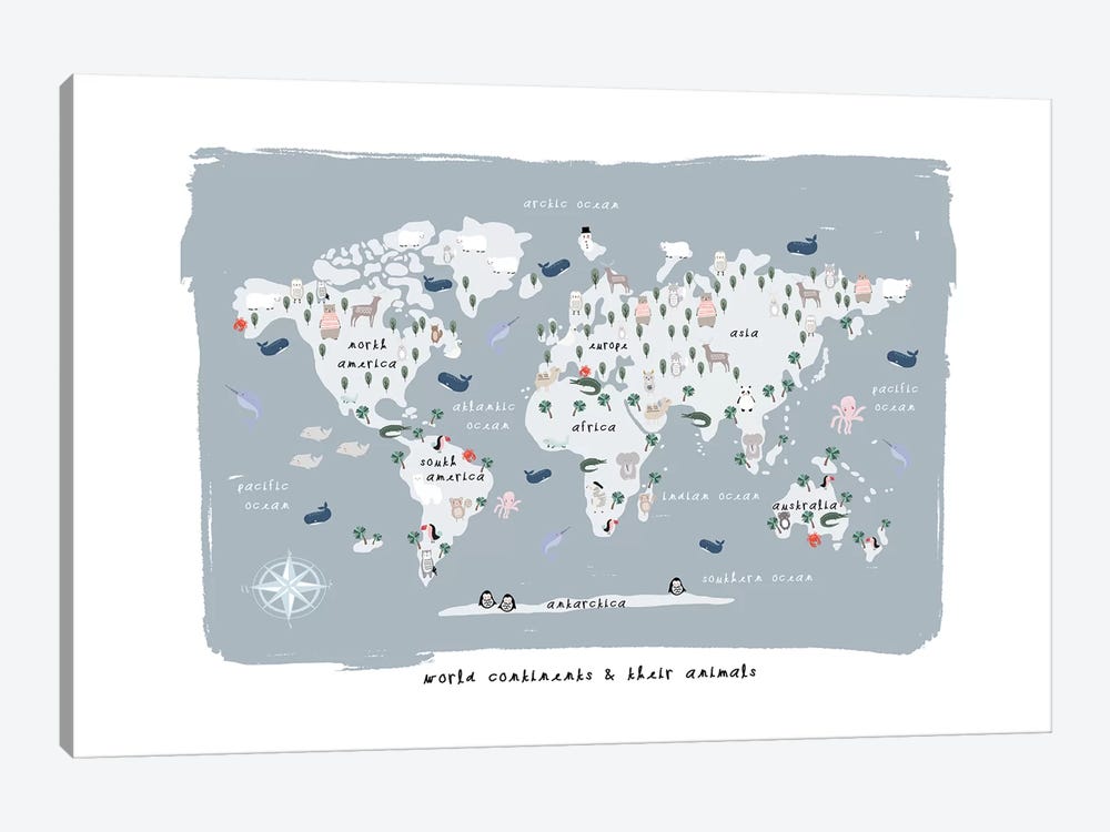 World Continents Map by Leah Straatsma 1-piece Canvas Print