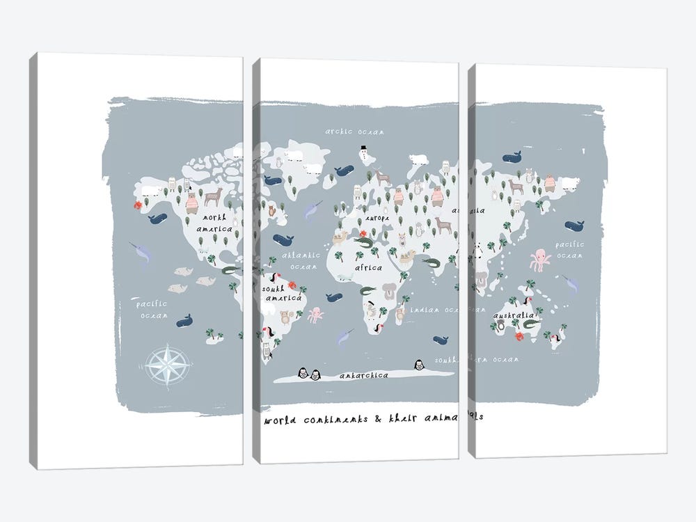 World Continents Map by Leah Straatsma 3-piece Canvas Print