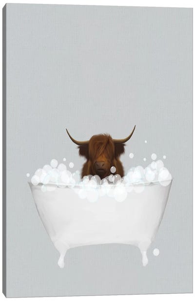 Highland Cow Blue Bath Canvas Art Print - Cow Art