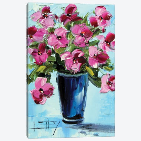 Pink Poppies With Blue Vase Canvas Print #LEL405} by Lisa Elley Canvas Art Print