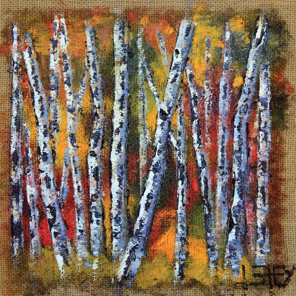 Lisa Elley: Birch Tree Forest On Burlap by Lisa Elley