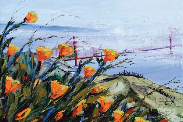 Lisa Elley: Golden Gate Bridge With California Poppies by Lisa Elley