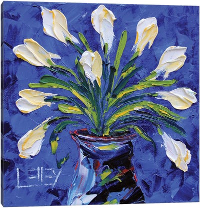 White Tulips In A Blue Vase Canvas Art Print - Lisa Elley