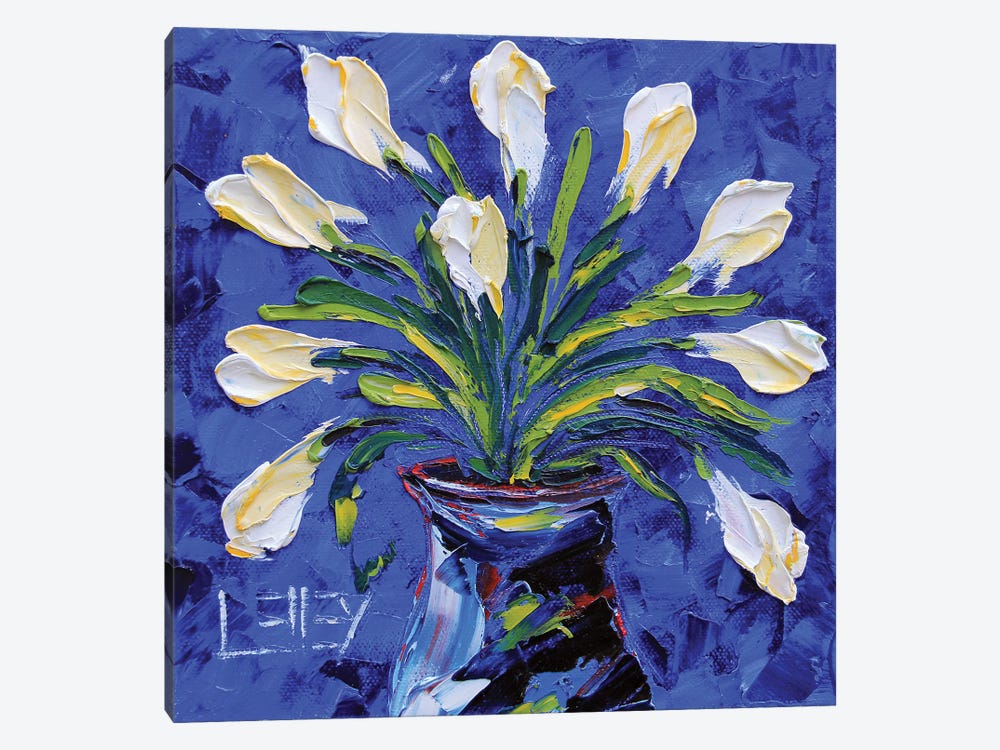 White Tulips In A Blue Vase by Lisa Elley 1-piece Canvas Artwork