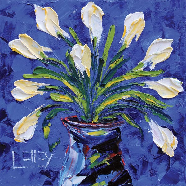 Still Life: White Tulips In A Blue Vase by Lisa Elley