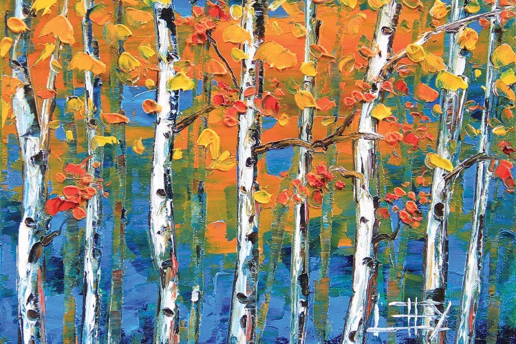 Birches In Orange And Blue