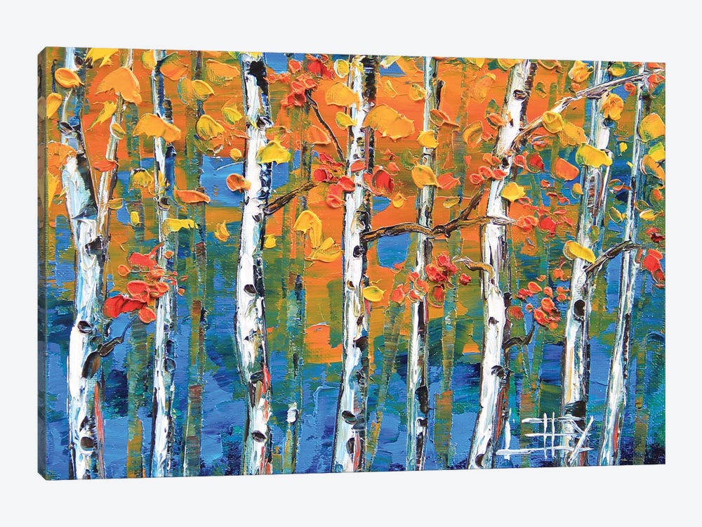 Birches In Orange And Blue by Lisa Elley 1-piece Canvas Art