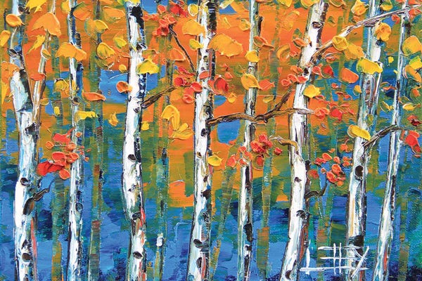 Birch Trees: Birches In Orange And Blue by Lisa Elley