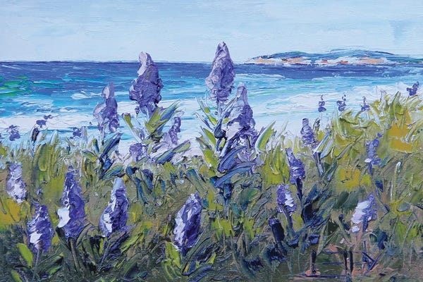 Palette Knife Prints: Carmel Beach With Lupine by Lisa Elley