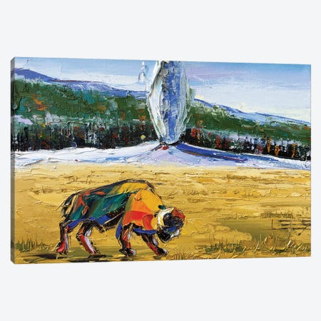 Buffalo At Yellowstone With Old Faithful Geyser Canvas Print #LEL649} by Lisa Elley Canvas Artwork