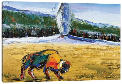 Buffalo At Yellowstone With Old Faithful Geyser Canvas Art Print - Lisa Elley