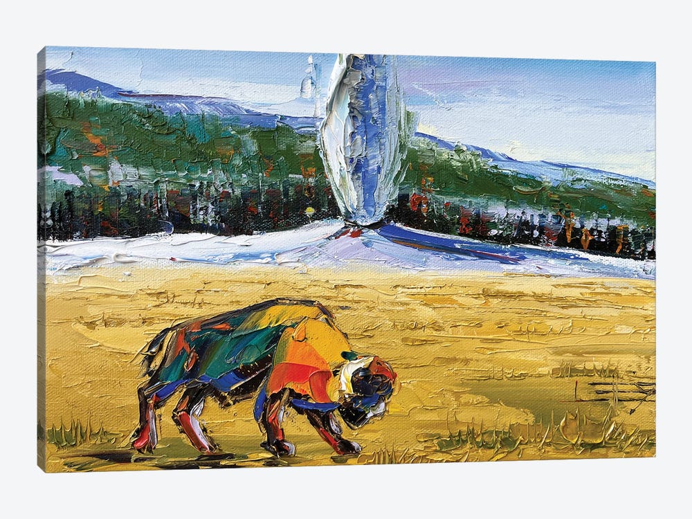 Buffalo At Yellowstone With Old Faithful Geyser by Lisa Elley 1-piece Canvas Art