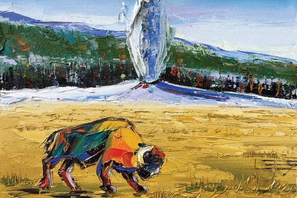 Yellowstone National Park: Buffalo At Yellowstone With Old Faithful Geyser by Lisa Elley