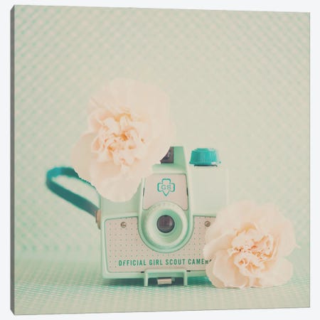 Peach Flowers And A Mint Green Camera Canvas Print #LEV134} by Laura Evans Canvas Artwork