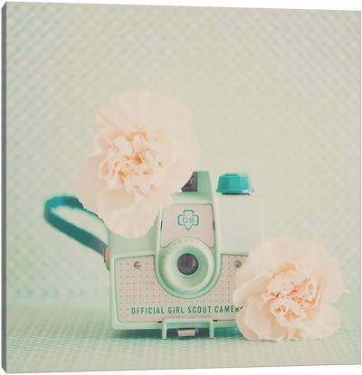 Peach Flowers And A Mint Green Camera Canvas Art Print - Laura Evans