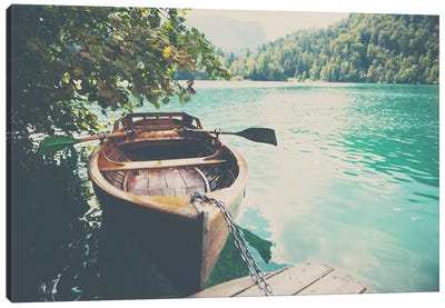 A Row Boat On Lake Bled In Slovenia Canvas Art Print - Vintage Styled Photography