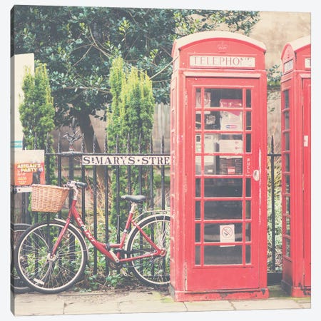 A Red Bicycle And Telephone Boxes Canvas Print #LEV3} by Laura Evans Canvas Art Print