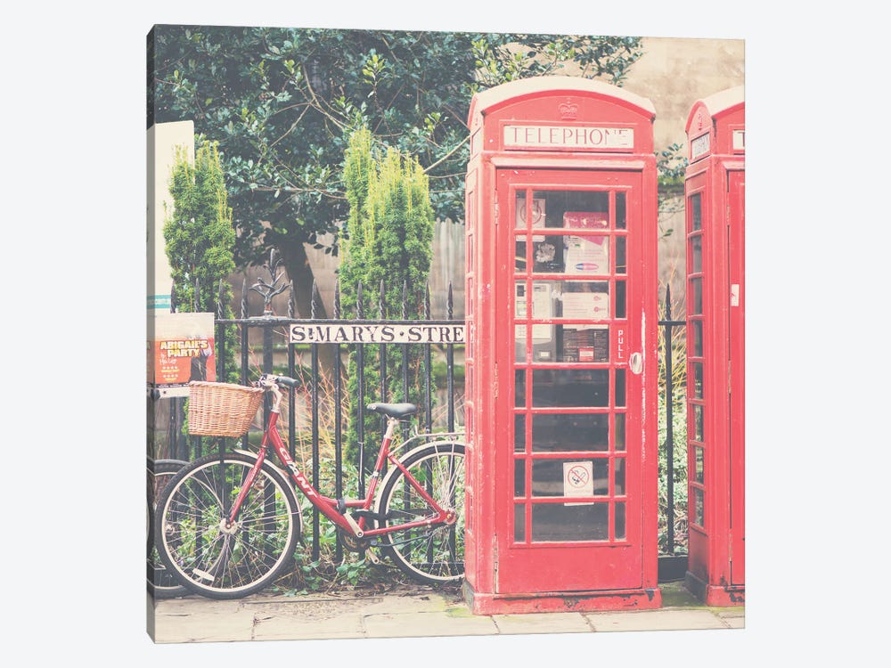 A Red Bicycle And Telephone Boxes by Laura Evans 1-piece Art Print