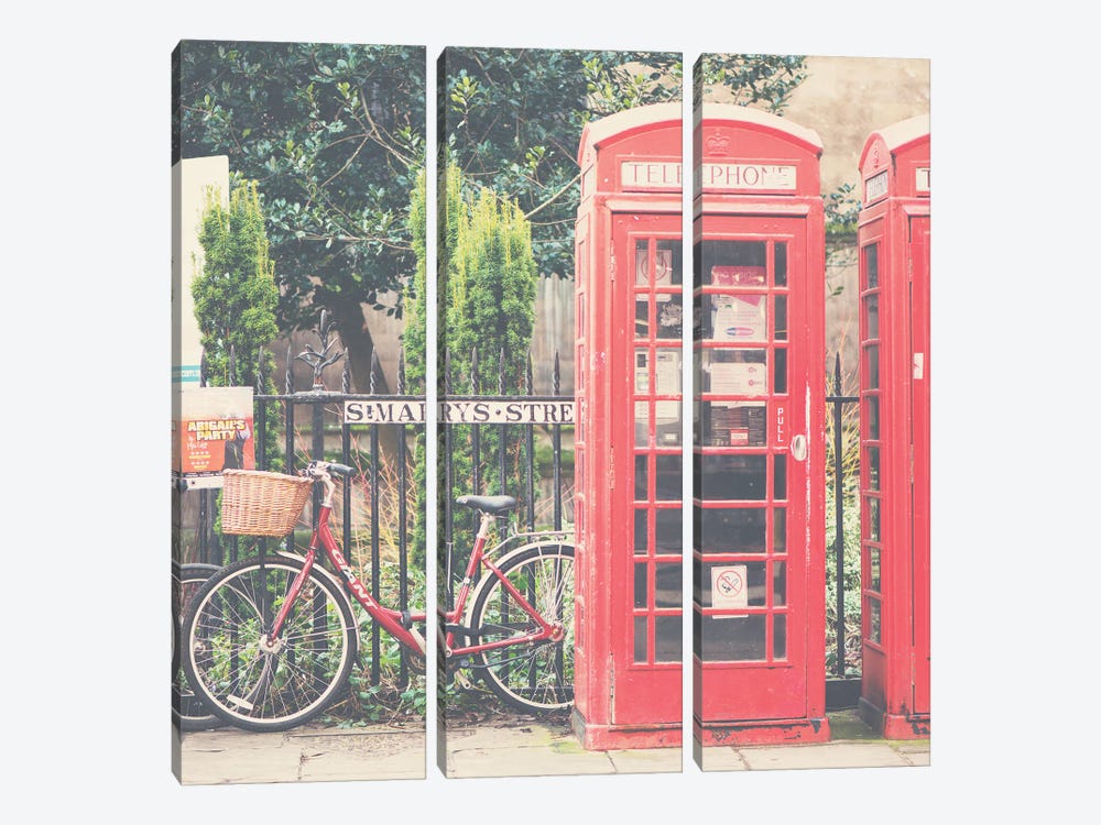 A Red Bicycle And Telephone Boxes by Laura Evans 3-piece Canvas Art Print
