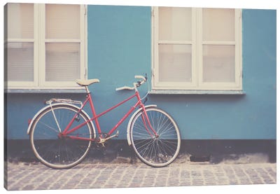 A Pretty Red Bicycle On The Streets Of Copenhagen Canvas Art Print - Laura Evans