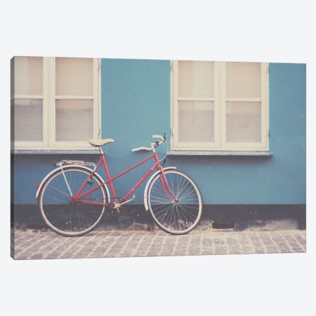 A Pretty Red Bicycle On The Streets Of Copenhagen Canvas Print #LEV5} by Laura Evans Canvas Wall Art