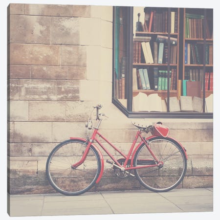 A Vintage Red Bicycle And The Bookstore Canvas Print #LEV6} by Laura Evans Canvas Art