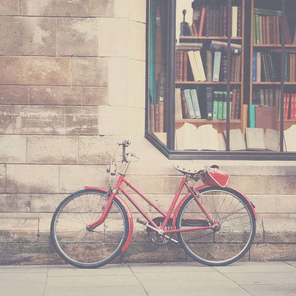Vintage Styled Photography: A Vintage Red Bicycle And The Bookstore by Laura Evans