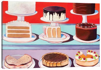 Cakes On Display In Red, Blue, And Purple Canvas Art Print