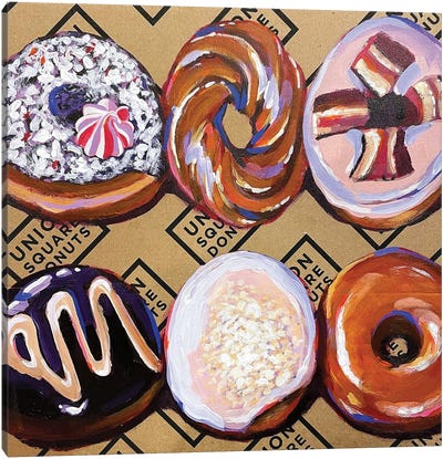 Donuts On A Box Canvas Art Print - Coffee Shop & Cafe
