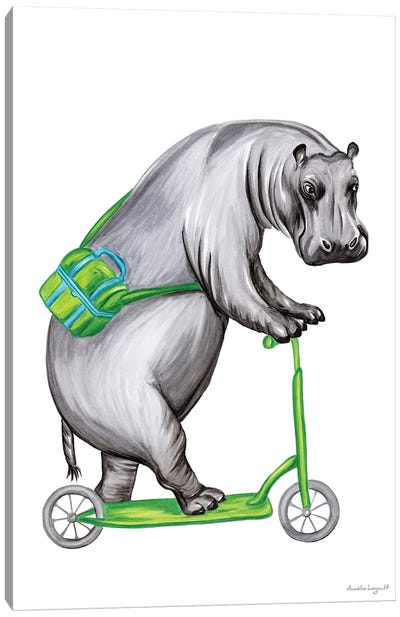 Hippo On Bike Canvas Art Print - Hippopotamus Art