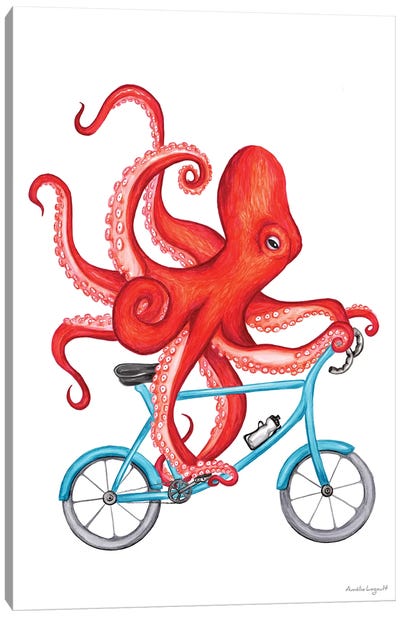 Octopus On Bike Canvas Art Print - Kids Ocean Life Art