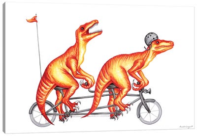 Raptors On Bike Canvas Art Print - Prehistoric Animal Art