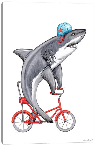 Shark On Bike Canvas Art Print - Kids Bathroom Art