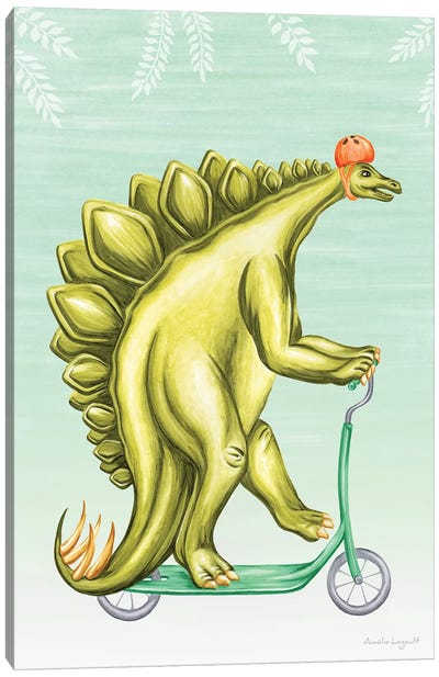 Stegosaurus On Scooter Canvas Art Print - Dinosaur Art