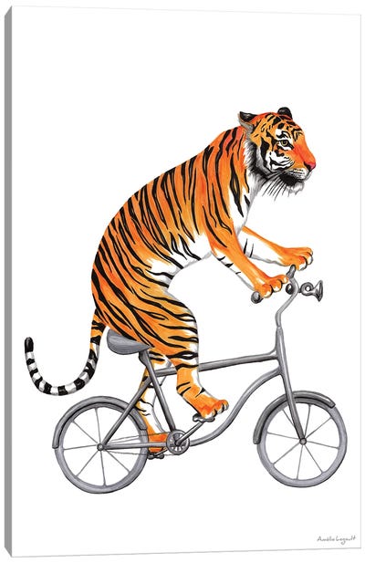 Tiger On Bike Canvas Art Print - Kids Transportation Art
