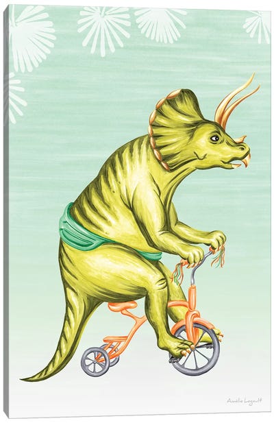 Triceratops On Bike Canvas Art Print - Kids Dinosaur Art