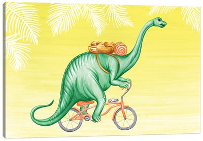 Brontosaurus On Bike Canvas Art Print - Prehistoric Animal Art