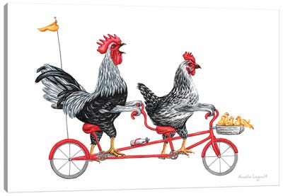 Chickens On Bike Canvas Art Print - Kids Animal Art