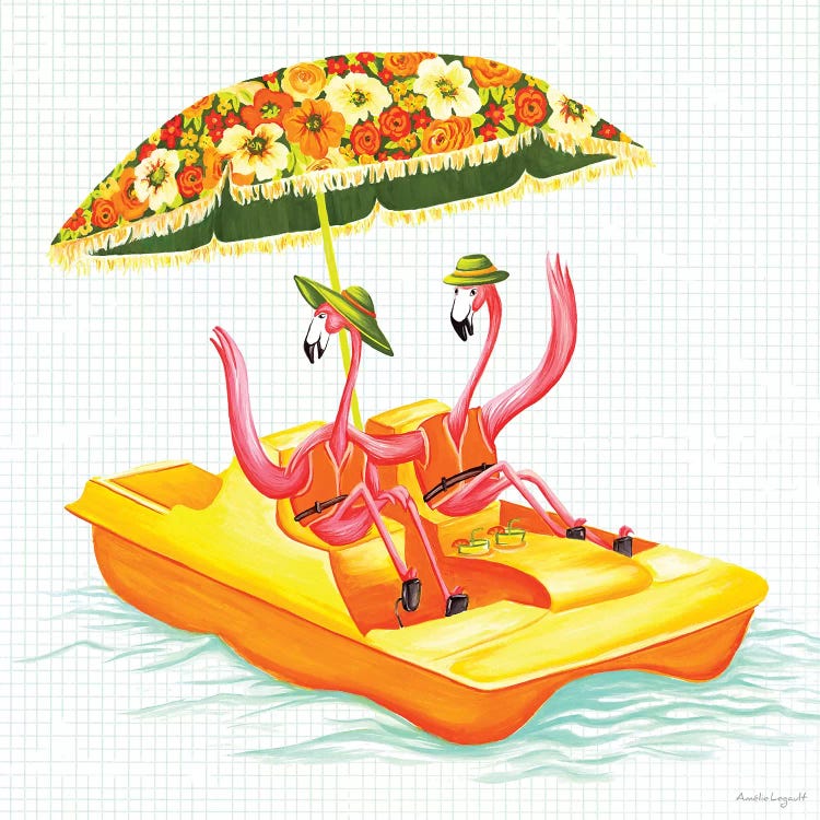 Flamingos Pedal Boat by Amélie Legault wall art