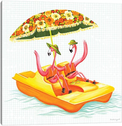 Flamingos Pedal Boat Canvas Art Print - Kids Bathroom Art