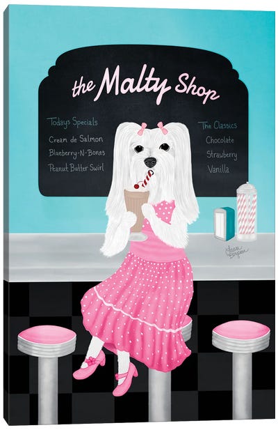 Lucy At The Malty Shop Canvas Art Print - Maltese Art
